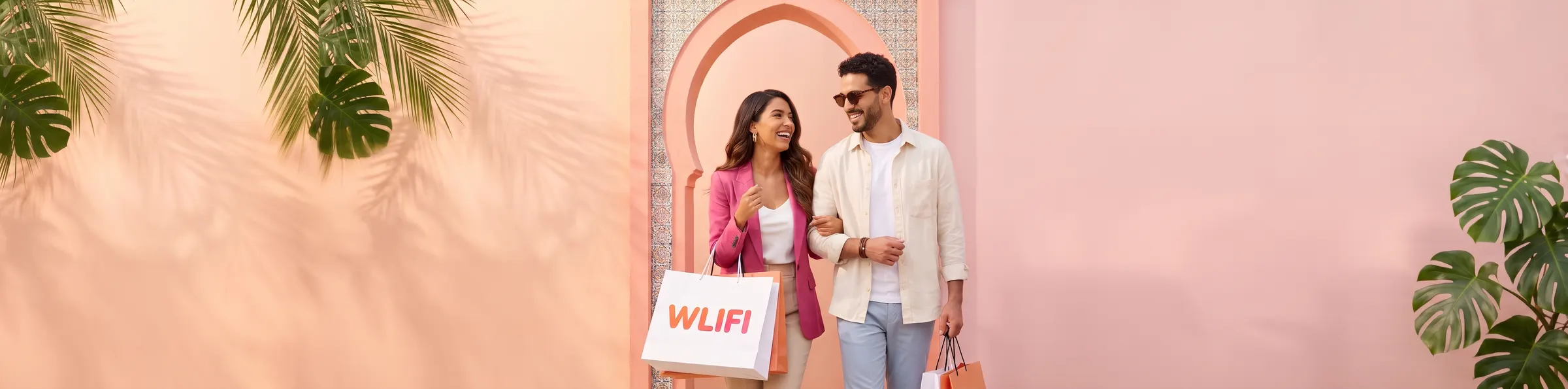 Couple souriant avec des sacs WLIFI devant une arche de Sidi Bou Saïd